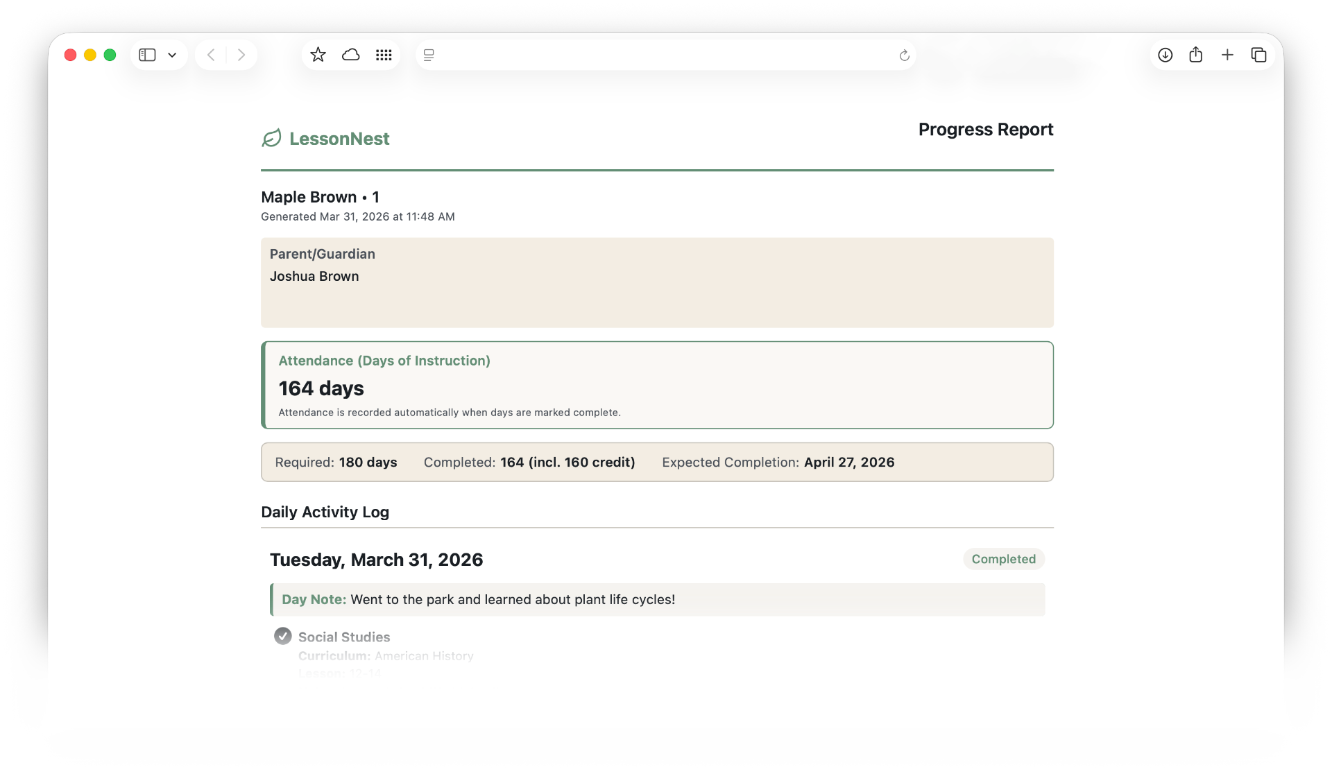 LessonNest Progress Report